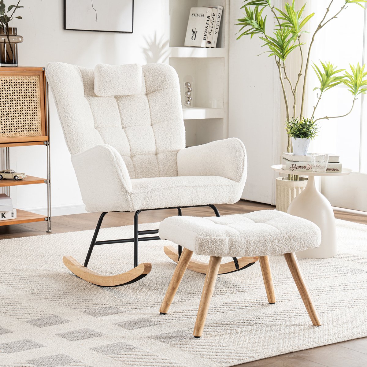 Ergonomische 92 cm hoge witte schommelstoel, zitbreedte 65 cm - inclusief 1 kussen en 1 poef (49*38*38 cm), stevige rubberen basis, max. draagvermogen 250 kg, schommelstoel, loungestoel,Wit