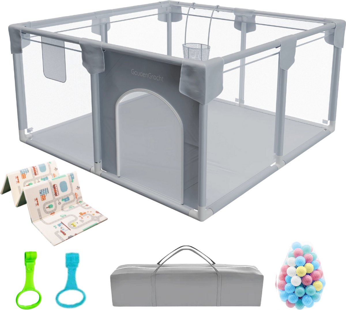 Grondbox - Inclusief Speelmat - Baby Box - Grondbox baby - Speelbox - Kinderbox - 117 x 117 cm - Speelballen - Reistas - Grijs