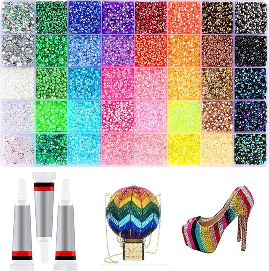 Kleurrijke resin strass set met lijm, een hot air balloon tasje, pumps en een hot air balloon.