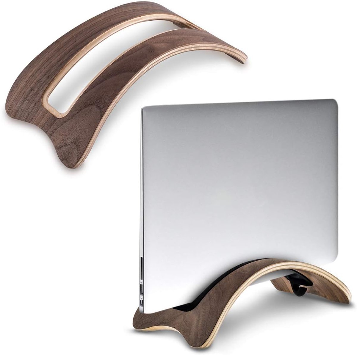 Famanu – Verticale laptopstandaard van hout - verstelbare laptopdock voor laptops tot 2,6 cm dikte - ruimtebesparende laptophouder voor bureau - geschikt voor MacBook en andere laptops - walnootkleur