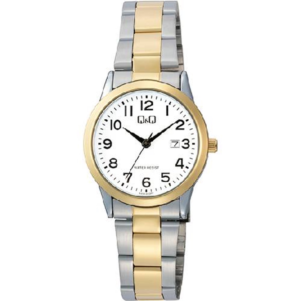 QQ-dameshorloge-bicolor-model a45a-003py-Datum-3 atm waterdicht-goud-zilverkleurig-duidelijke wijzerplaat-diameter 30 mm