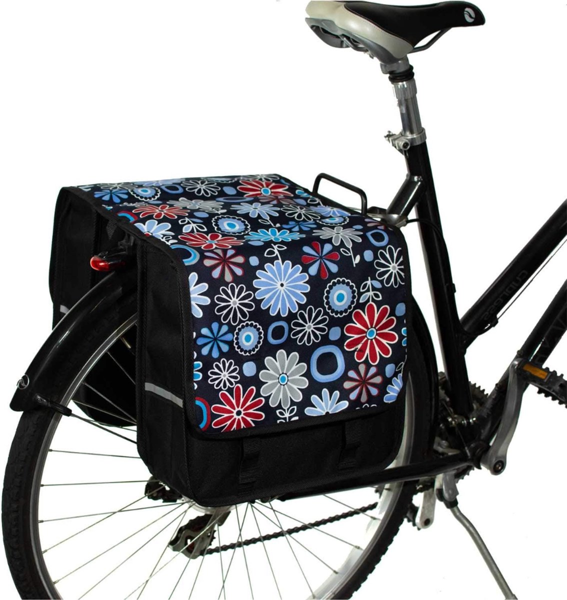 Aura® Fietstassen met Bloemen - Voor Achterfietsdragers - Fietstassen Dubbel Waterdicht – Fietstas Dubbel – Praktisch – Met Reflecterende Banden – Inclusief Verstevigingsplaat -Blauw - 13cm x 32cm x 32cm