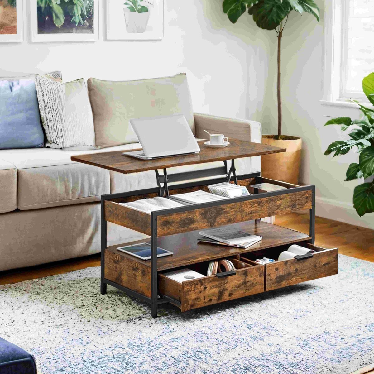 Salontafel met opklapbaar blad – Hout – Rustiek bruin en inktzwart – Opberglades en open compartiment