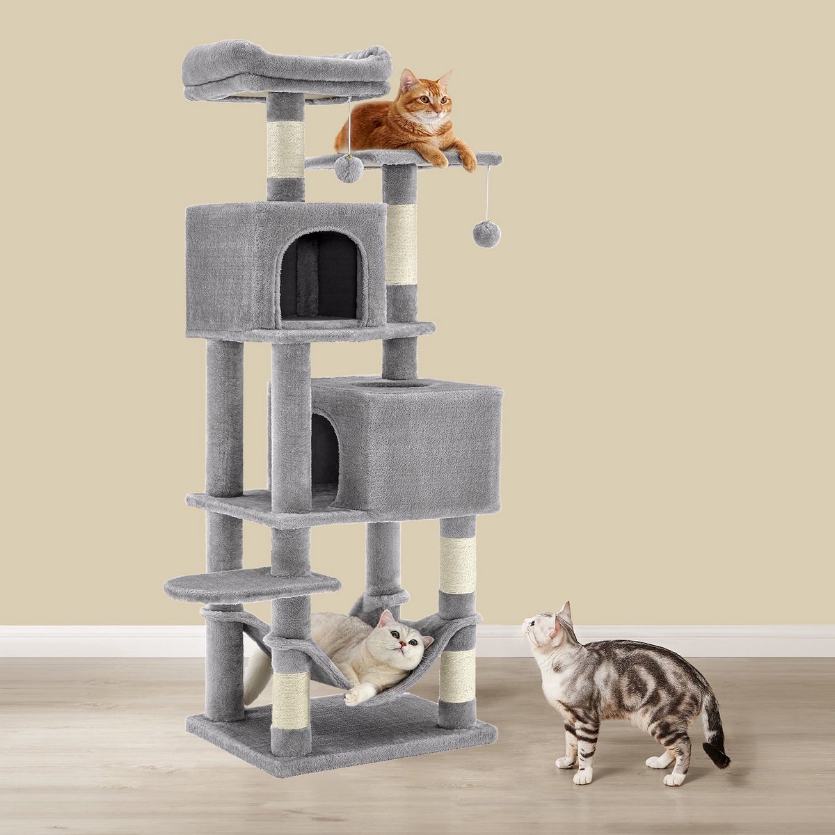 Krabpaal – Pluche – Lichtgrijs – 155 cm Kattenhuis met meerdere verdiepingen voor binnenkatten