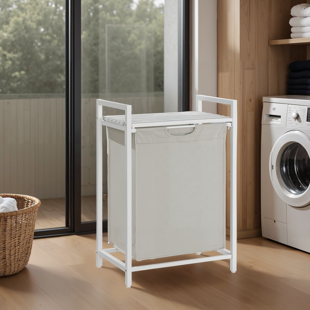 Wasmand – Metaal – Rustiek bruin en zwart – Uittrekbare binnenbak met plank, 65 liter