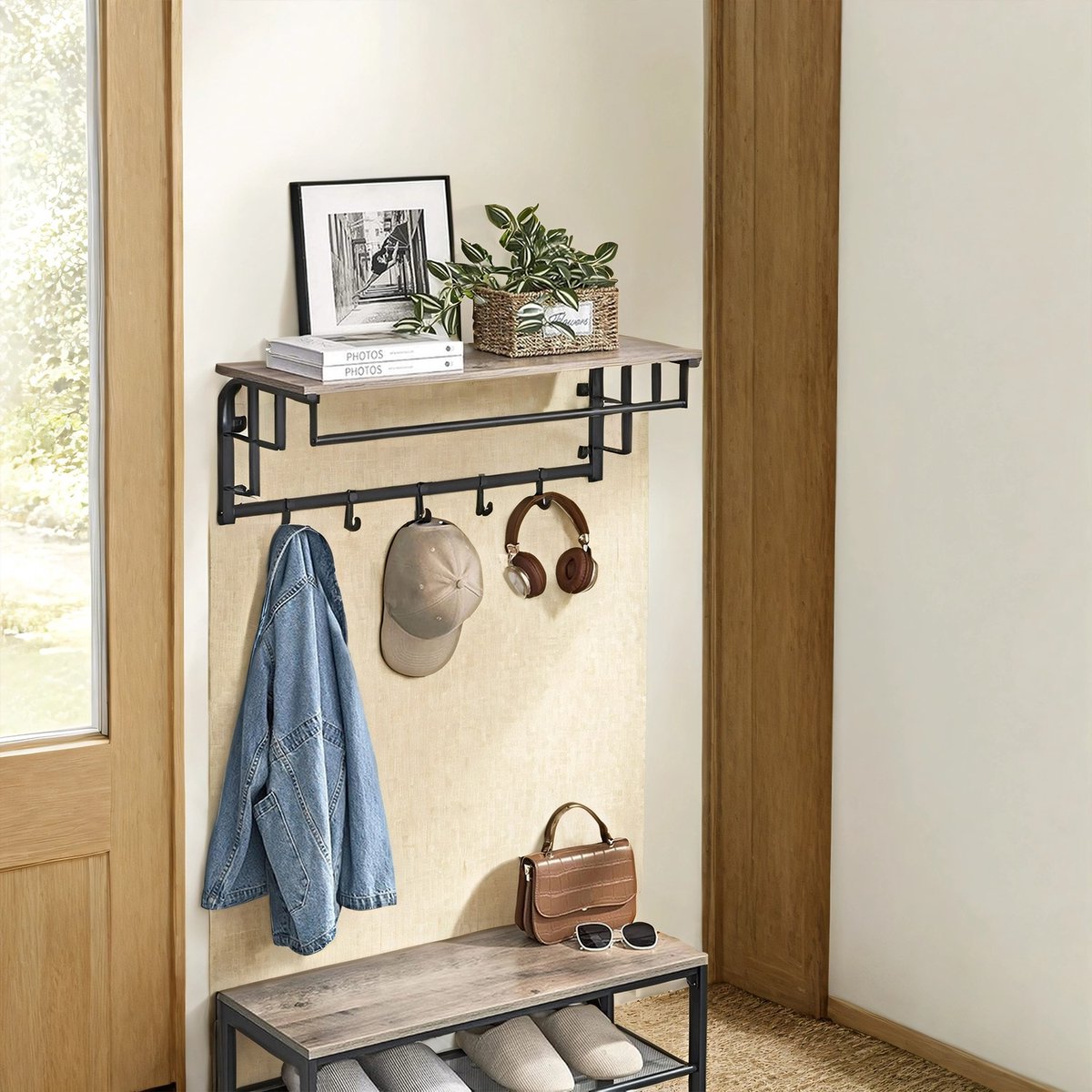 Wandkapstok – Hout – Eiken/Wit/Grijstig/Zwart/Rustbruin – 5 afneembare haken met zwevend schap