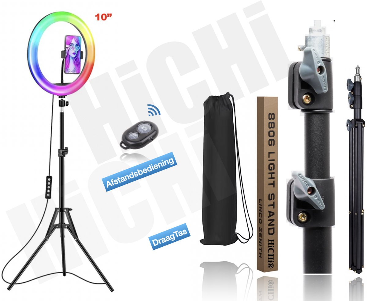HiCHi® Ringlamp RGB 10inch met Statief 2M & afstandsbediening - Studiolamp – Ringlamp - Selfie Ringlight voor Telefoon - Statief - Tik tok - flitser – Make up light – Studiolamp
