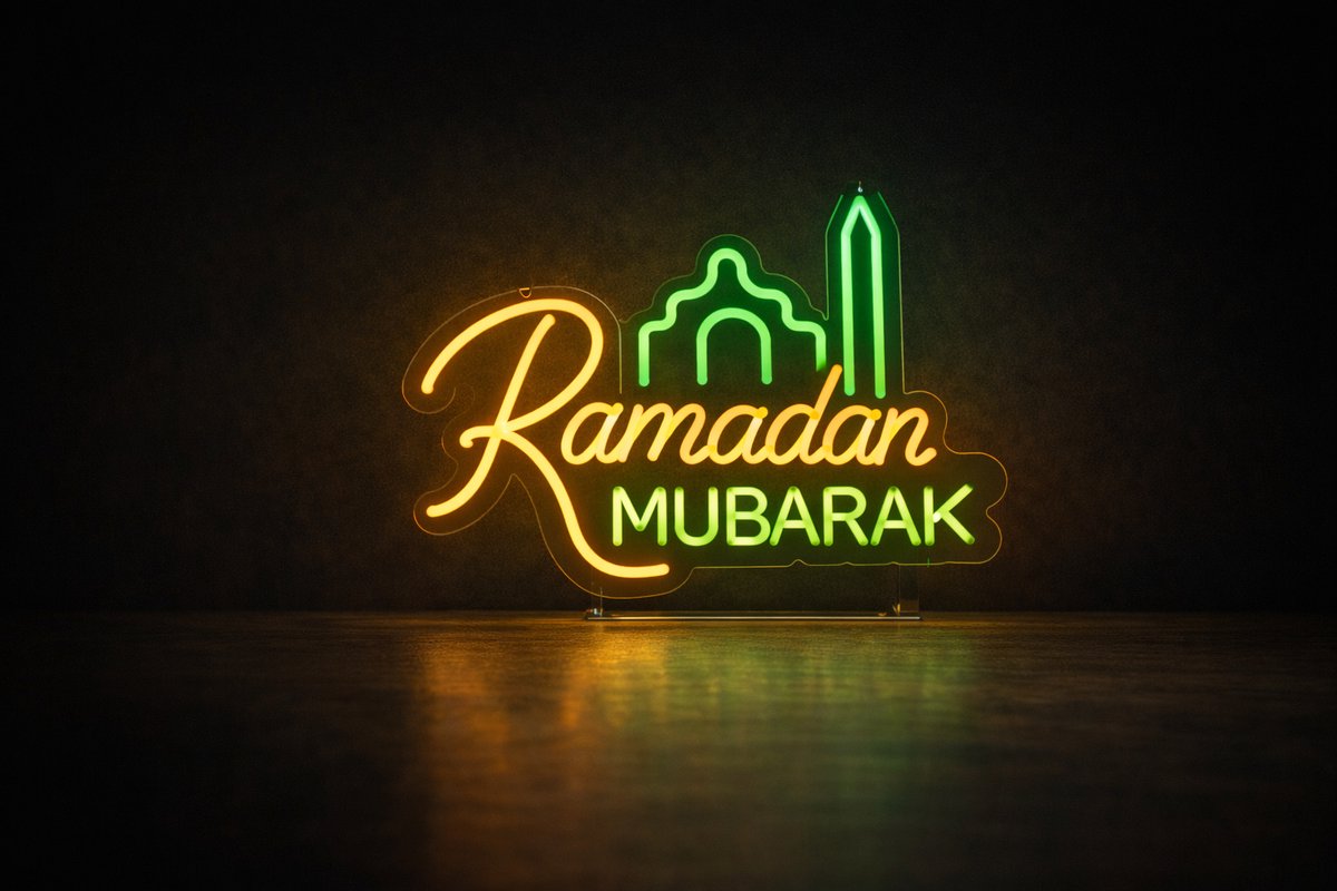 SUMOH® Ramadan Mubarak LED Neon Lamp – Transparante of Matte Acryl Achterplaat – Dimmer & Aan/Uit Schakelaar – USB – Oogvriendelijk & Geluidloos – Ophangbaar of Staand – Luxe Islamitische Decoratie – 48x29 cm