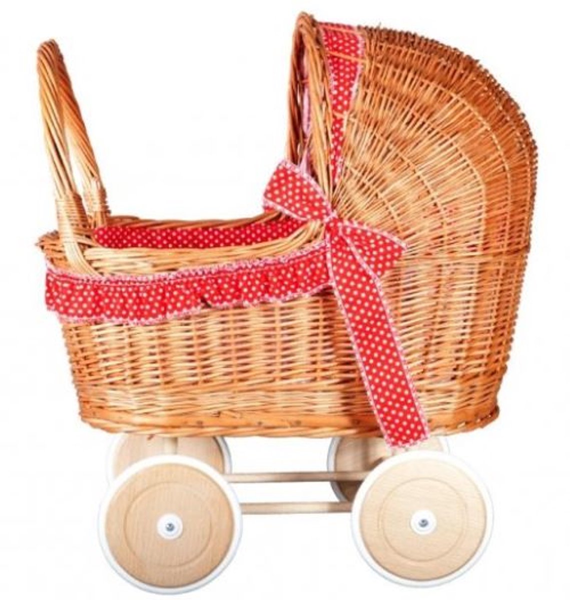 Bol.com Angel toys Poppenwagen met rieten kap rood met witte stippen aanbieding