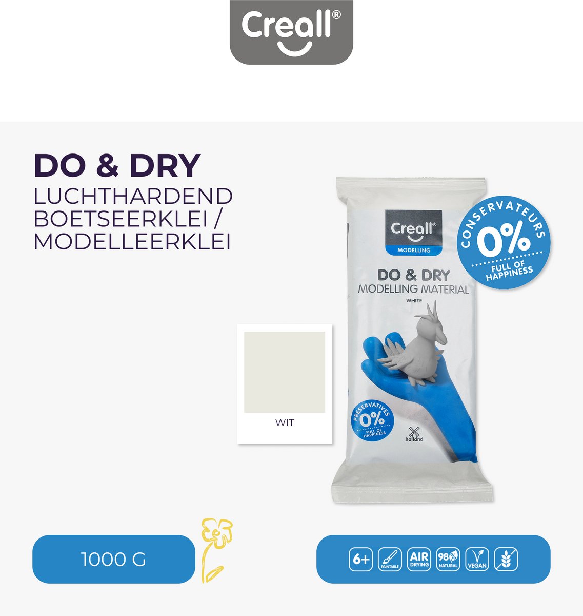 Creall Do & Dry | Luchtdrogende klei kleur Wit | 1 x 1000g | Made in Holland | Zacht en klaar voor gebruik | Made in Holland | Knutselwerk kinderen, school, hobby, DIY en creatieve projecten — afbeelding 11