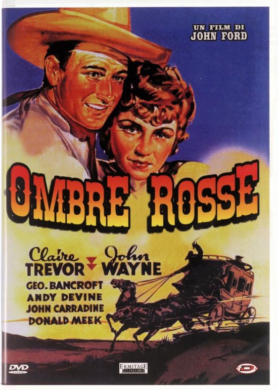 DVD hoes 'Ombre Rosse'. Close-up van een cowboy en een vrouw. Titel en castdetails vermeld. Een diligence is zichtbaar.
