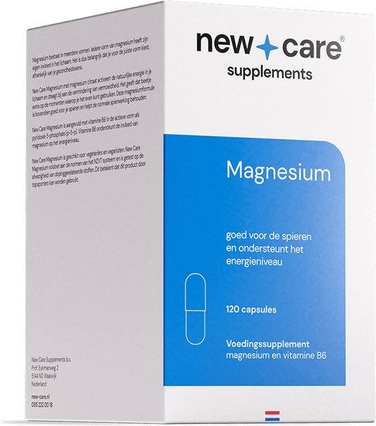 Doos met New Care Magnesium voedingssupplement met 120 capsules. Tekst "Magnesium" en "goed voor de spieren en ondersteunt het energieniveau".