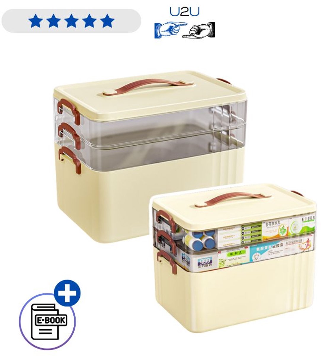 Medicijn organizer box 3 laags EHBO opbergdoos groot met handvat modulair stapelbaar vochtbestendig HIPS kunststof transparante vakken medicijnen verzorging cosmetica veilig opbergen thuis handig draagbaar overzichtelijk modern slim design met Ebook