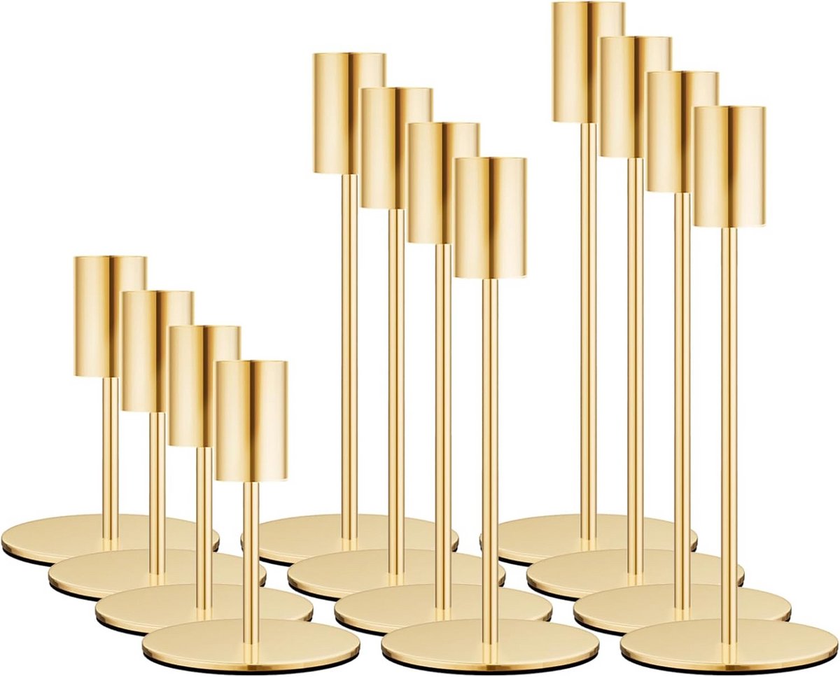 Set van 12 Gouden Kandelaren Kegelvormig - Decoratieve Kaarsenstandaards voor Tafel of Schouw