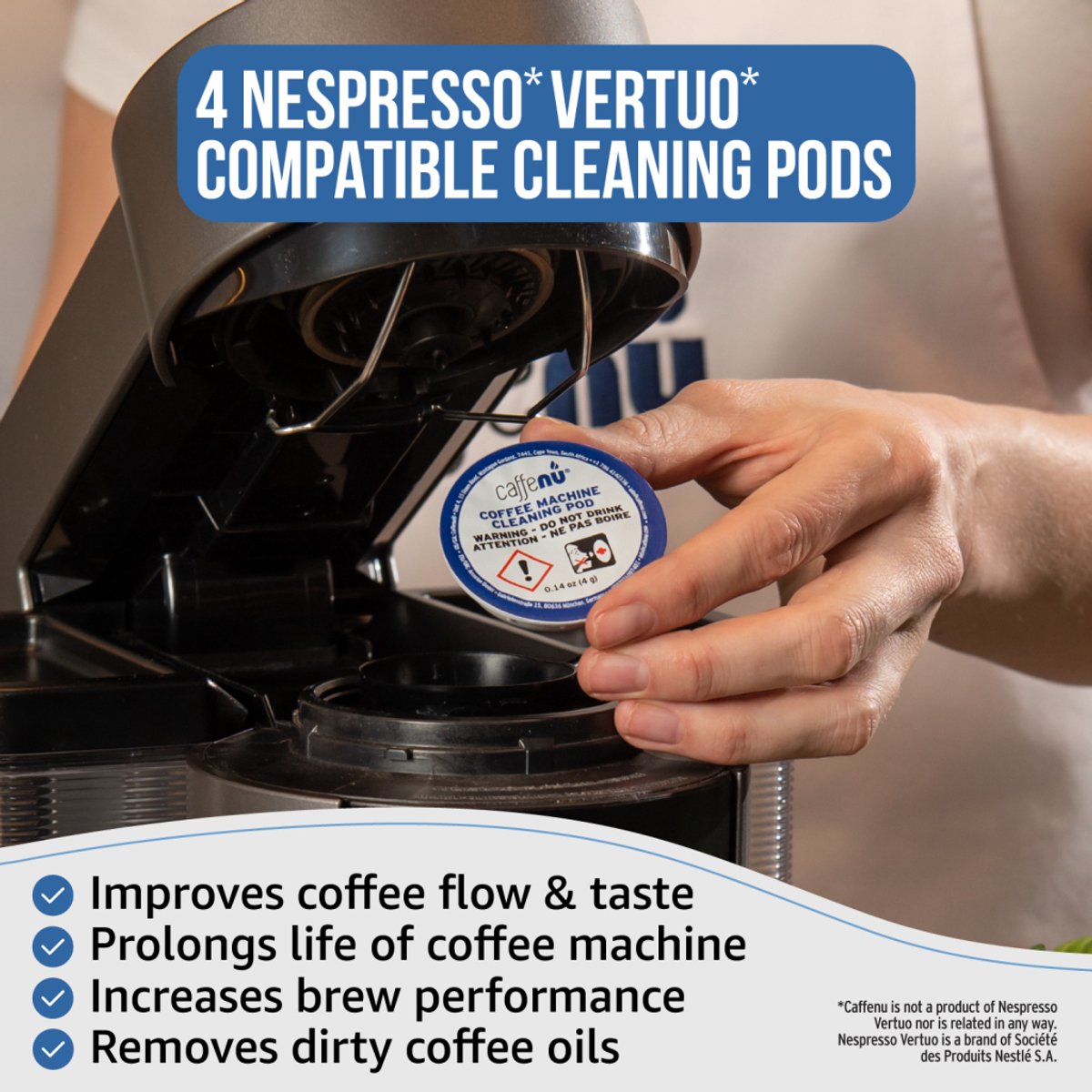 Caffenu Reinigingscups voor Nespresso Vertuo - 4 Reinigingscapsules - Koffiemachine Reiniger - Verbetert Smaak & Levensduur Koffiezetapparaat thumbnail 3