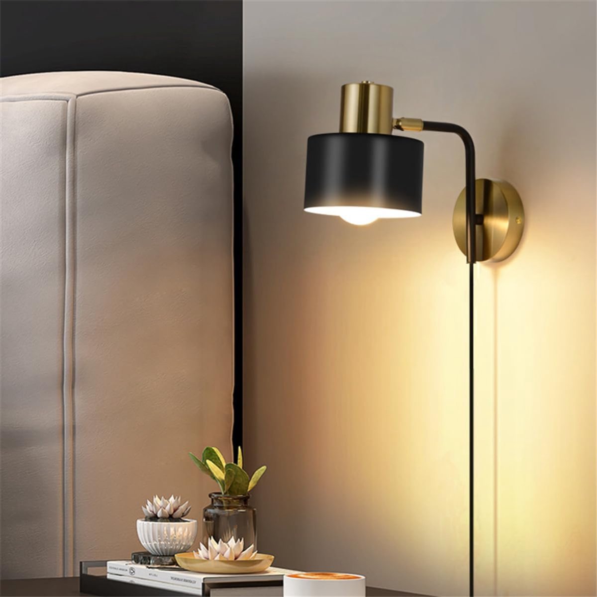 NBAP® Wandlamp Binnen met Snoer - Wandlamp met Stekker voor Binnen - met Dimbare Schakelaar - Industrieel en Vintage - Slaapkamer Bedlampje - Zwart en Goud