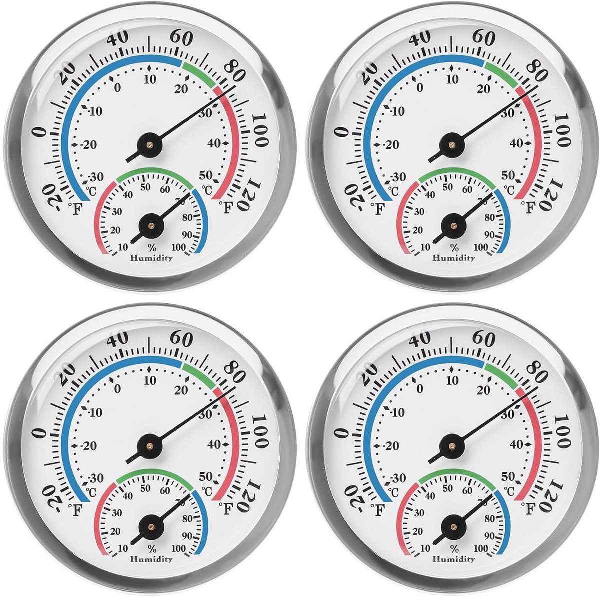 Set van 4 Analoge Thermometer & Hygrometer (Rond) - Temperatuur & Luchtvochtigheidsmeter voor Binnen