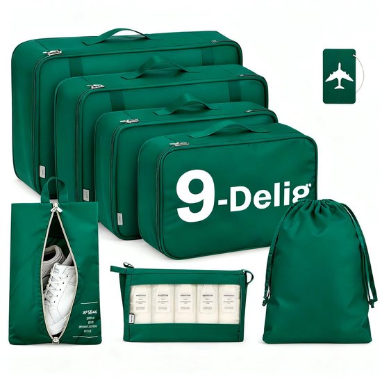 Set van 5 donkergroene koffer organizers in verschillende maten, inclusief schoenentas, toilettas en waszak.