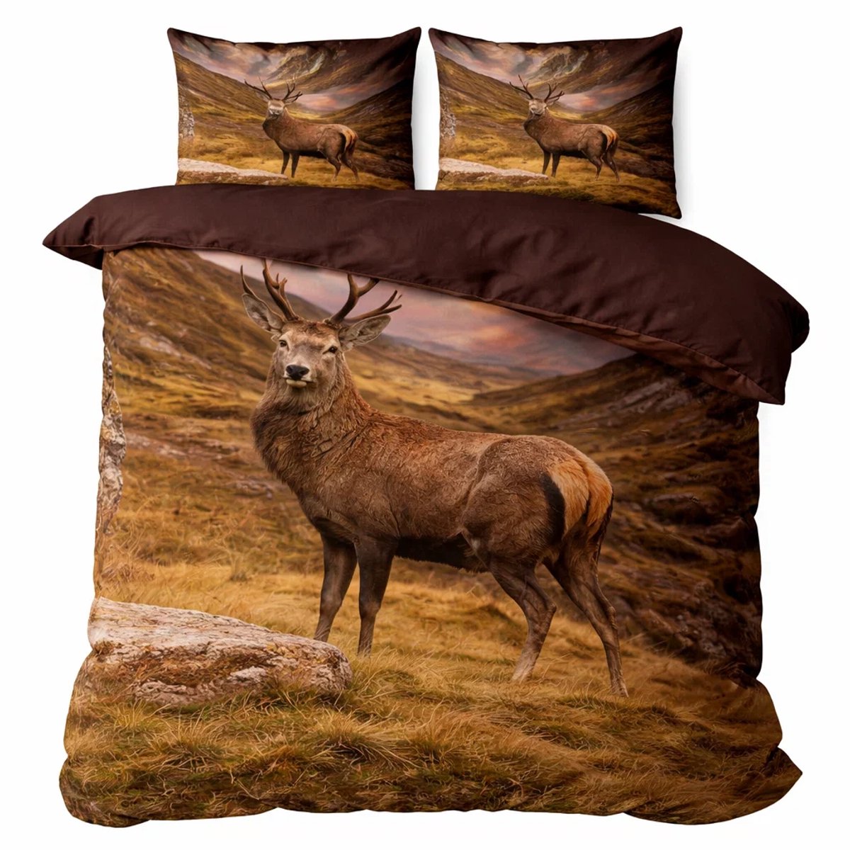 decoware Dekbedovertrek Deer Mountain 240x220 cm – Katoen Renforcé – Met Kussenslopen - Lits-jumeaux Taupe