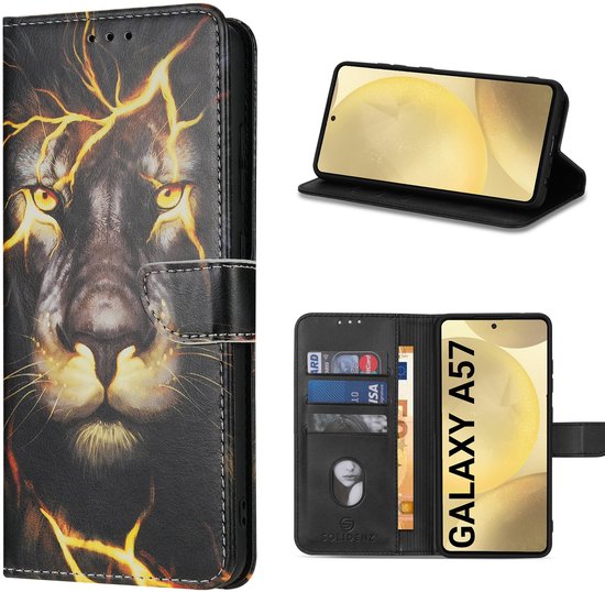 Zwart telefoonhoesje met leeuwenkop, opengeklapt met telefoon en pasjeshouder.