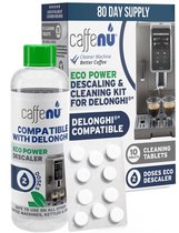 Caffenu Onderhoudsset Koffiemachine Reiniger & Ontkalker voor DeLonghi - Ontkalker 200 ml (2 Doseringen) + 10 Reinigingstabletten - Zorgt voor Warmere Koffie, Betere Smaak en Langere Levensduur Koffiezetapparaat