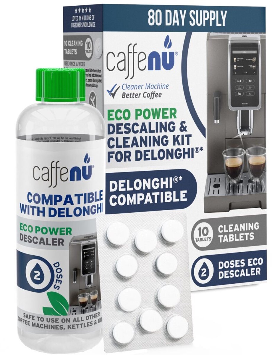 Caffenu Onderhoudsset Koffiemachine Reiniger & Ontkalker voor DeLonghi - Ontkalker 200 ml (2 Doseringen) + 10 Reinigingstabletten - Zorgt voor Warmere Koffie, Betere Smaak en Langere Levensduur Koffiezetapparaat