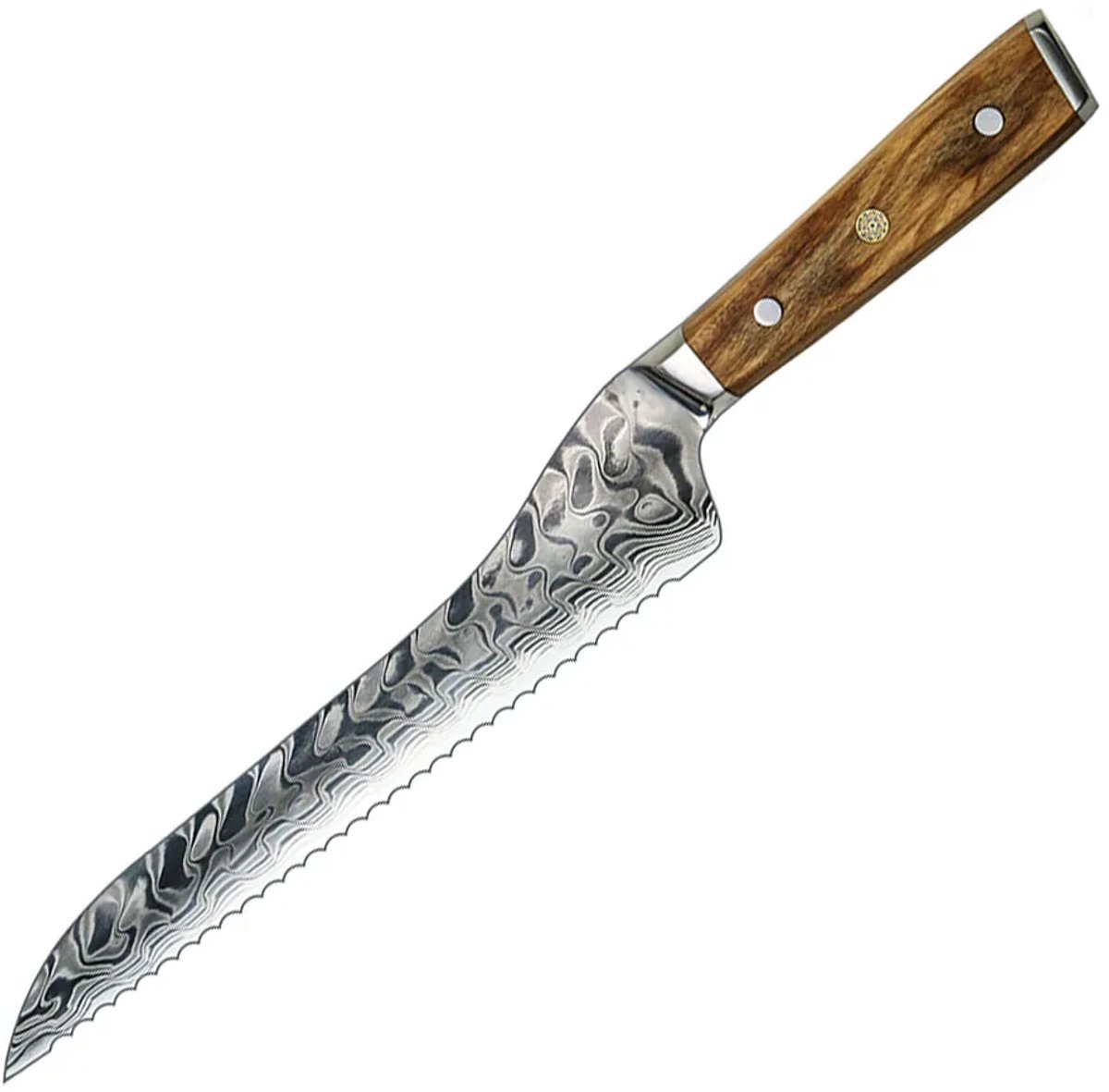 Kurotaka Damascus Broodmes - 25 cm - Houten Handvat & Mozaïek Pin - Luxe Gekarteld Mes