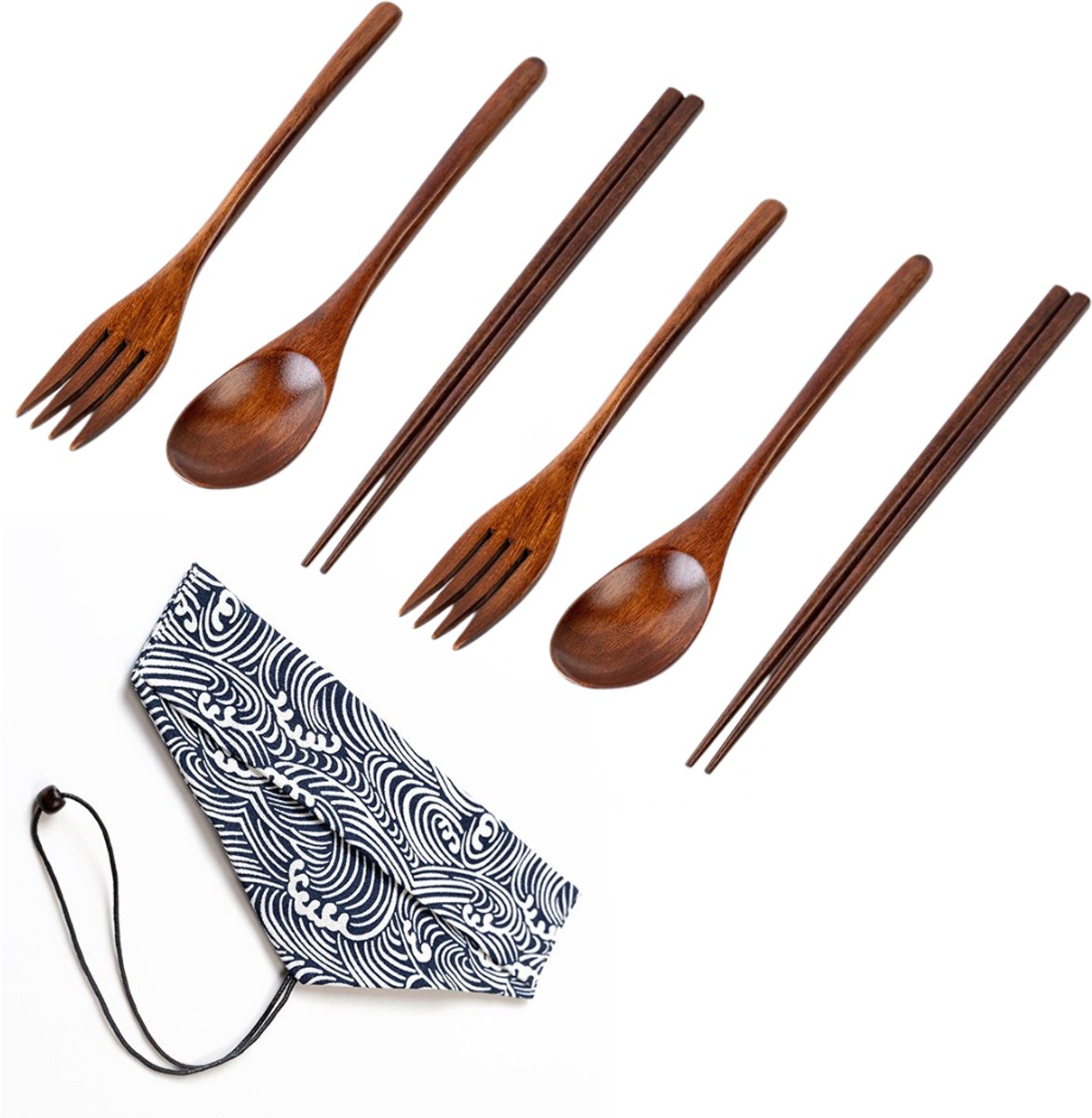 Twee Set Chopsticks - Bestek hout – Reis bestek - Bestekset - Duurzaam & Herbruikbaar Reisbestek – Eco-Friendly Lepel, Vork en Eetstokjes met Stoffen Opbergtasje