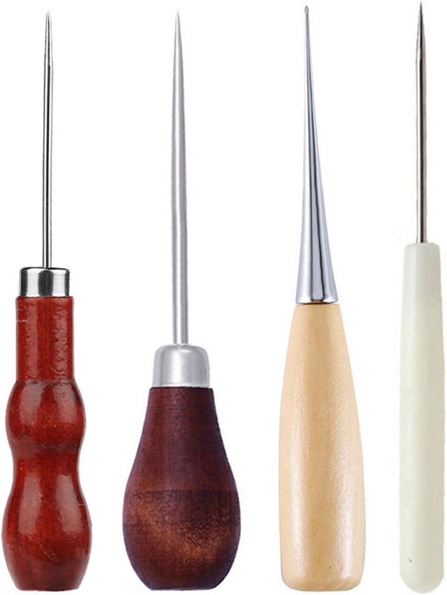 4 Delige Leerpriem Set met Houten Handvat voor Naaien en Boren