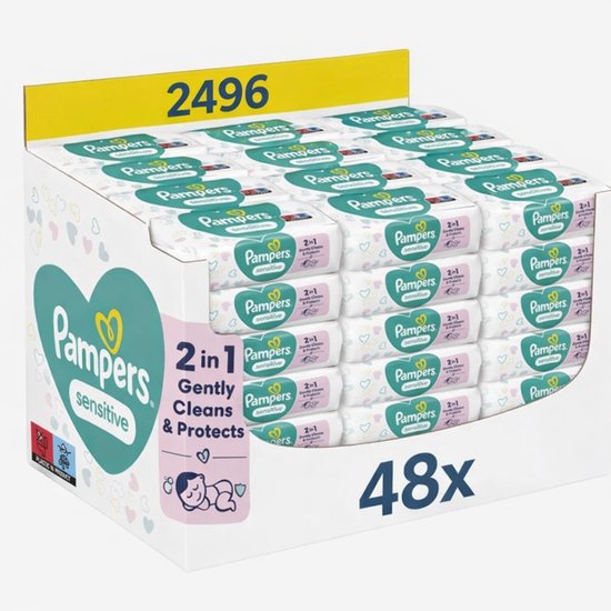 Grote doos Pampers Sensitive babydoekjes, 48 verpakkingen met 52 doekjes per stuk. Totaal 2496 billendoekjes.
