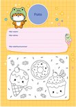Pagina met invulvelden en kawaii-tekeningen van een ijsje met een tijger-outfit, donuts en snoepjes.