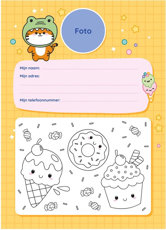 Pagina met invulvelden en kawaii-tekeningen van een ijsje met een tijger-outfit, donuts en snoepjes.