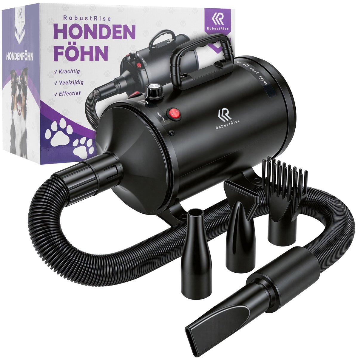 Bol.com RobustRise Ultra Hondenfohn - 3800W - Zwart - Verstelbaar Vermogen - Waterblazer voor Honden - Hondenfohn met 4 Opzetstu... aanbieding