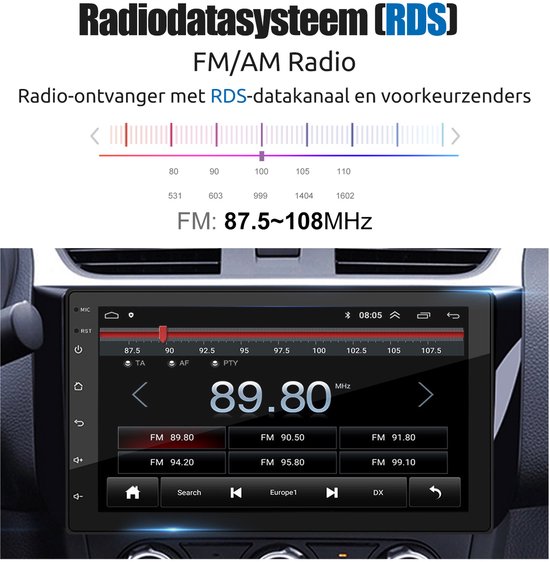 Scherm van autoradio met RDS FM/AM-radio. Toont frequentie 89.80 MHz en zenderlijst.