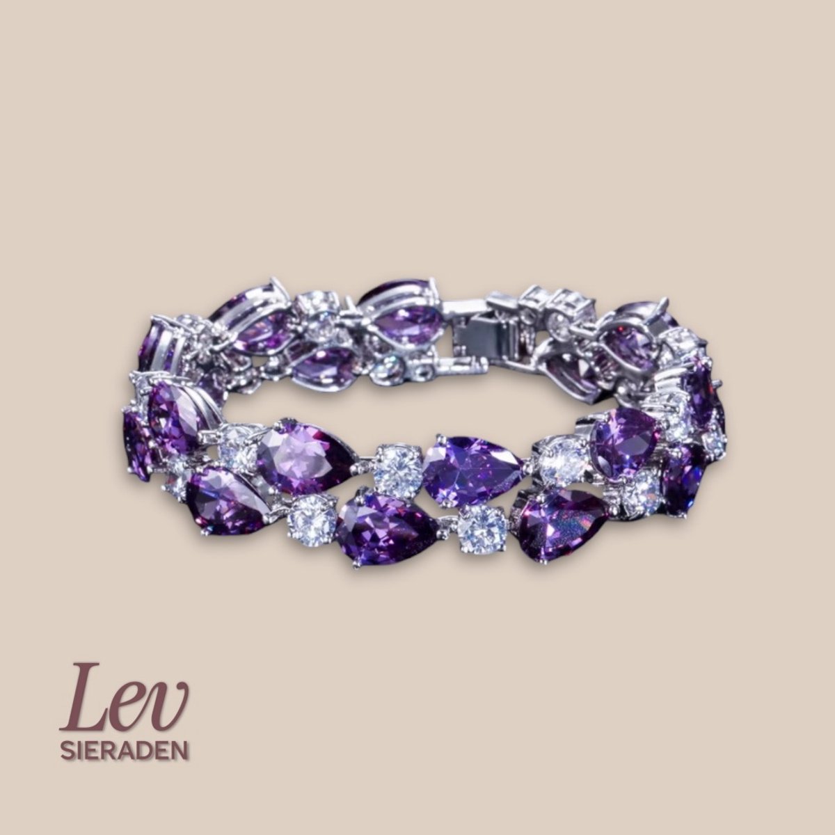 Lev Sieraden - Zilver plated Tennisarmband met Zirkonia paars en wit - Messing - 18.2cm - Pear cut