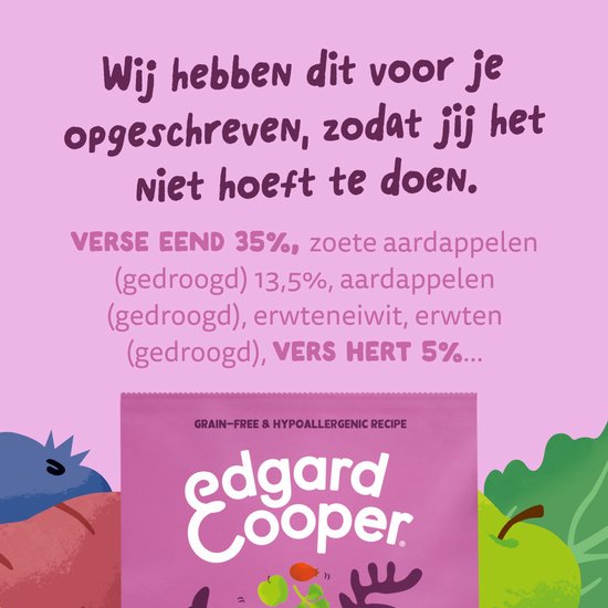 Edgard & Cooper zak met hert en eend, ingrediëntenlijst met ingrediënten zoals verse eend en zoete aardappelen.
