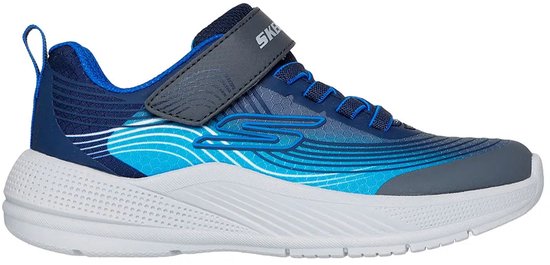 Blauwe Skechers sneaker met grijze klittenbandsluiting en elastische veters. Met blauwe en witte golvende lijnen op de zijkant.