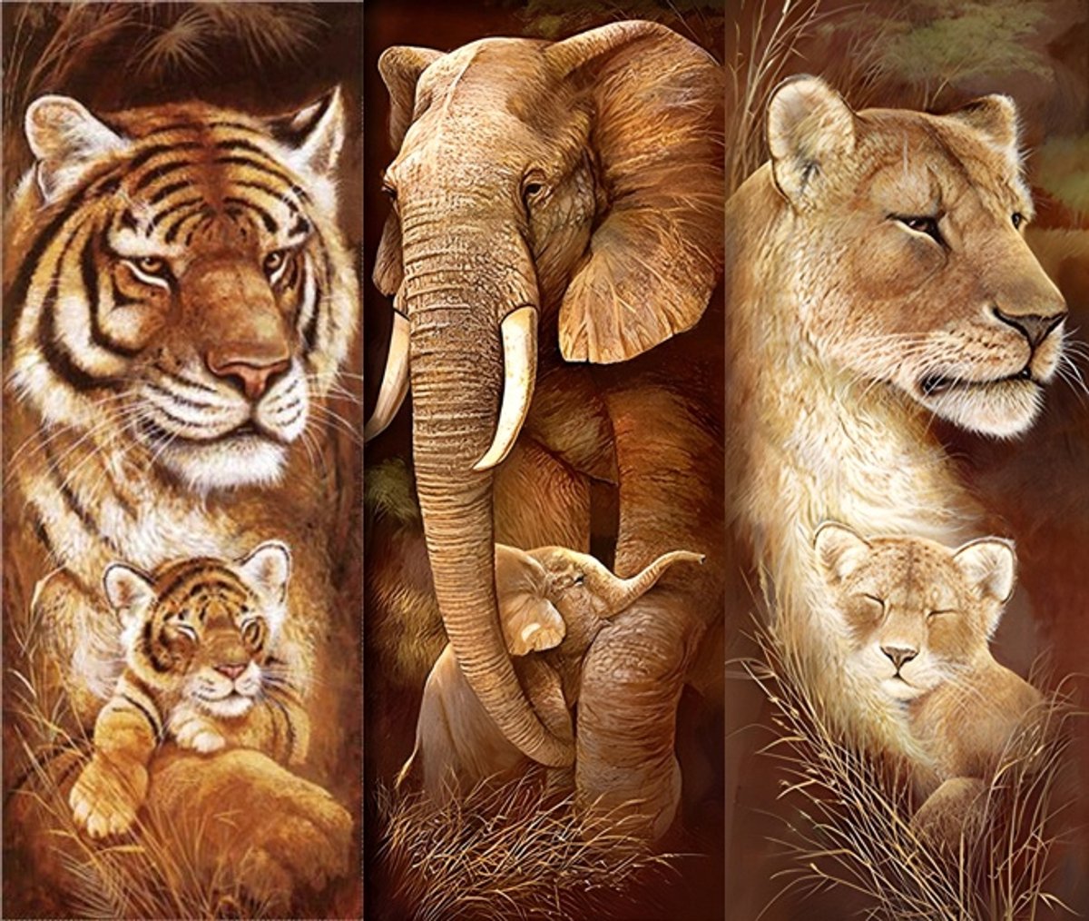Diamond painting 3 luik - Leeuw, olifant en tijger - 3x 30x70cm - vierkante steentjes - volledig beplakt - Diamond painting by Wietske