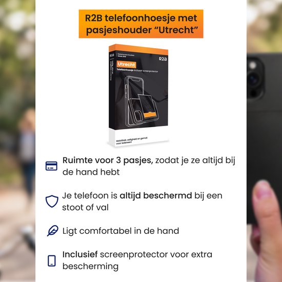 Coque de téléphone R2B avec porte-cartes 'Utrecht' pour iPhone 15 Pro, incluant un protecteur d'écran.