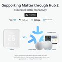 Een witte slimme thermostaat 'Hub 2' toont '26' en '58%'. Tekst: 'Supporting Matter through Hub 2'.