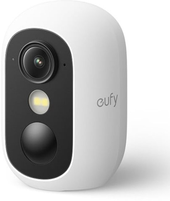 Witte eufy beveiligingscamera met zwarte voorkant, lens en lampje.
