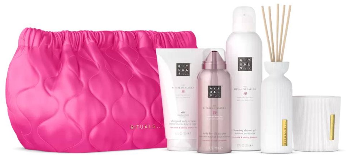 Rituals - Geschenkset voor Vrouwen - 5 Producten - Douchegel 200 ml + Bodycrème 150 ml + Body Lotion 150 ml - Mini Geurstokjes 70 ml + Geurkaars 140 gram - Giftset Vrouw - Cadeaudoos - Geschenkdoos - Doucheschuim - Shower Gel - Sakura