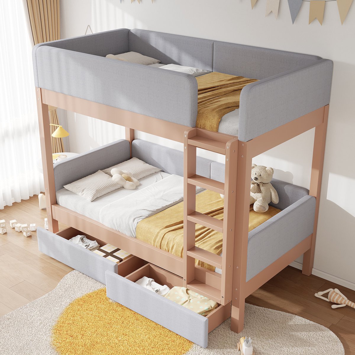 Stapelkastbed 90x200 cm - kinderbed - met botsbestendige schuimranden - met twee laden - grijs en houtkleur - zonder matras