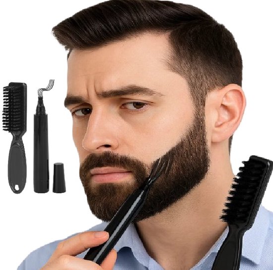 Baardverdikkingsset – Baardvuller & Stylingborstel – Waterproof Baardmarker voor Dikkere, Vollere Baard – Natuurlijke Look & Professionele Afwerking – Zwart – Inclusief Borstel & Pen