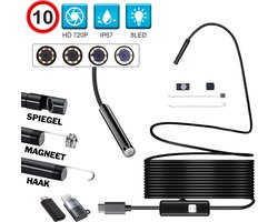 Endoscoop - geschikt voor USB-C en Lightning Smartphones - Inspectiecamera - Inspectiegereedschap - 8mm kop - flexibele HD - 10M kabel - waterproof - 8 LED Verlichting