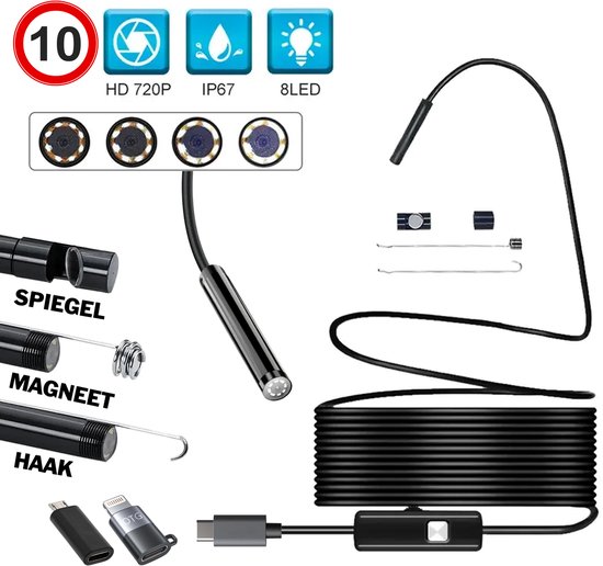 Endoscoop - geschikt voor USB-C en Lightning Smartphones - Inspectiecamera - Inspectiegereedschap - 8mm kop - flexibele HD - 10M kabel - waterproof - 8 LED Verlichting