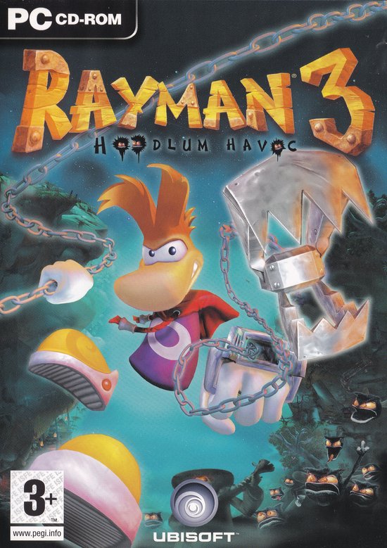PC CD-ROM hoes van Rayman 3 Hoodlum Havoc met Rayman, kettingen en achtergrond van donkere bossen.