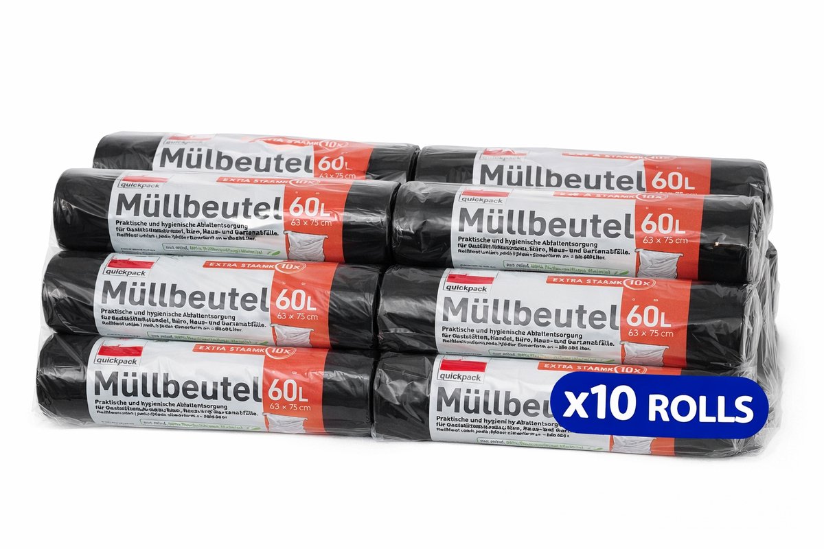 Quickpack Afvalzakken - 10 rollen a 10 stuks - 60 liter - Bijzonder sterk en perforatiebestendig - Geschikt voor huis, tuin en keukenafval
