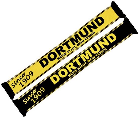 Gele en zwarte sjaal met de tekst "DORTMUND MEINE STADT, MEIN VEREIN since 1909".