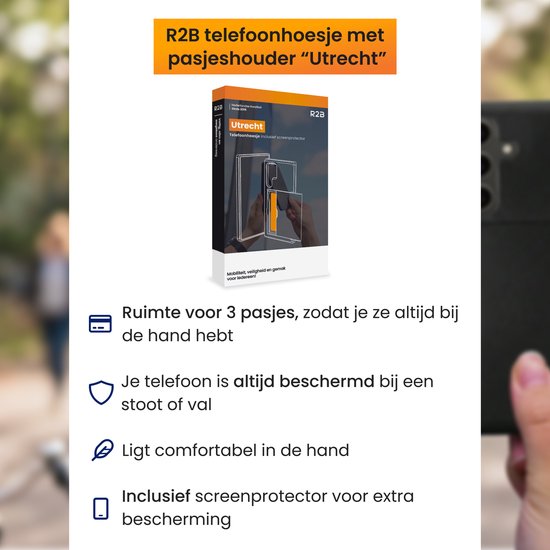 R2B telefoonhoesje met pasjeshouder "Utrecht". Ruimte voor 3 pasjes, beschermd tegen stoten, comfortabel in de hand. Inclusief screenprotector.